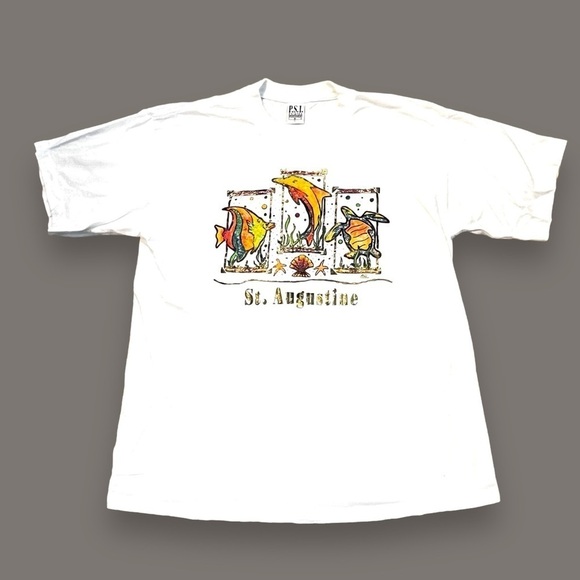 Vintage T-Shirt Puff Paint St Augustine Colorful Ocean Dolphin Turtle Fish Large - Picture 2 of 6